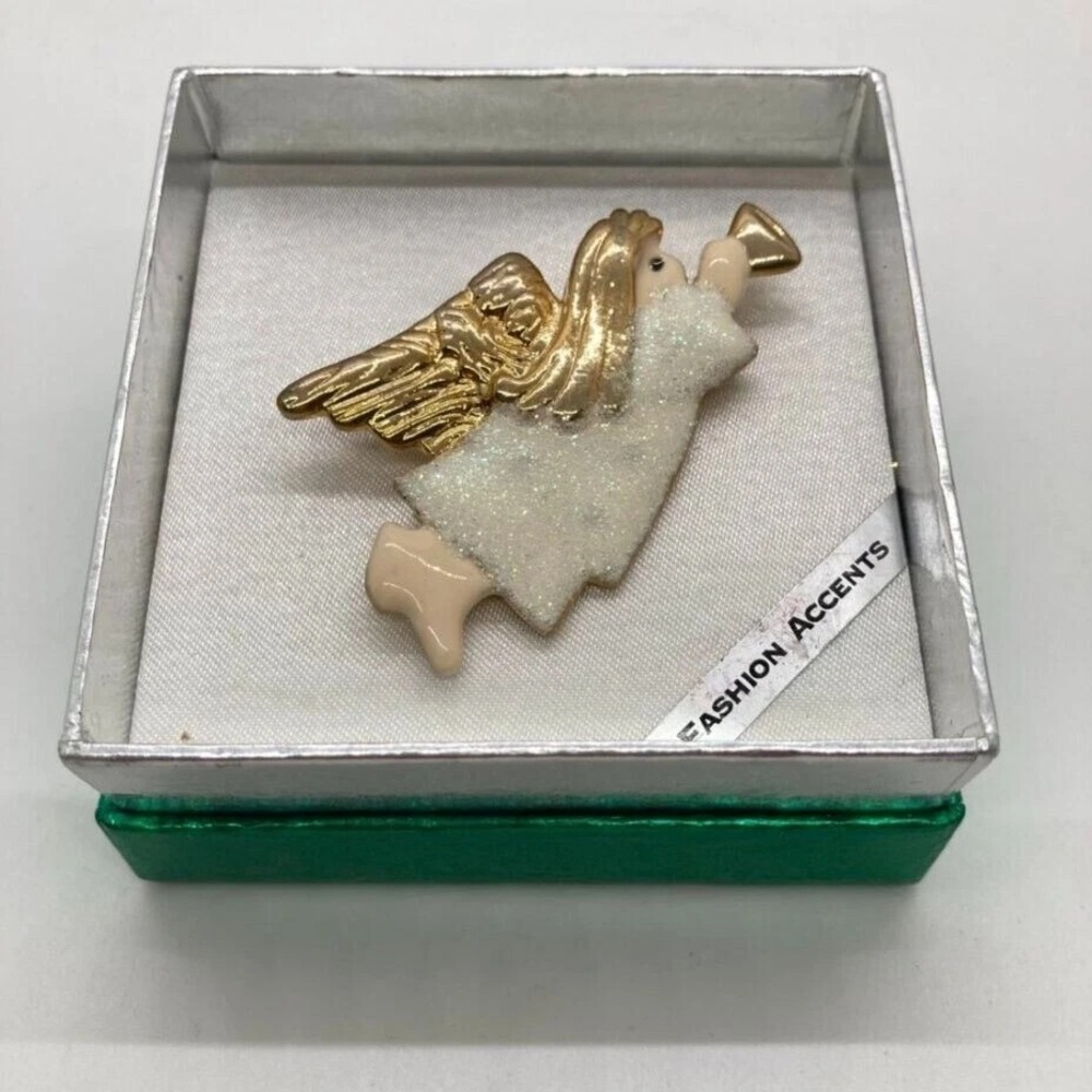 Fashion‎ Accents Angel Brooch Pin Gold Tone Glitter White Christmas Holiday